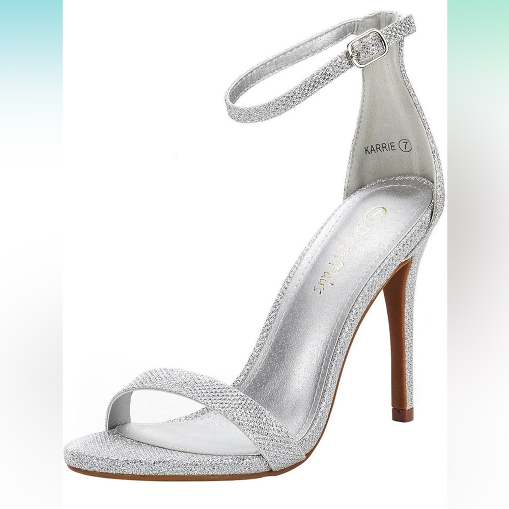 Silver Open Toe Ankle Strap Dressy Sexy Stiletto Heels in size 7 U.S.